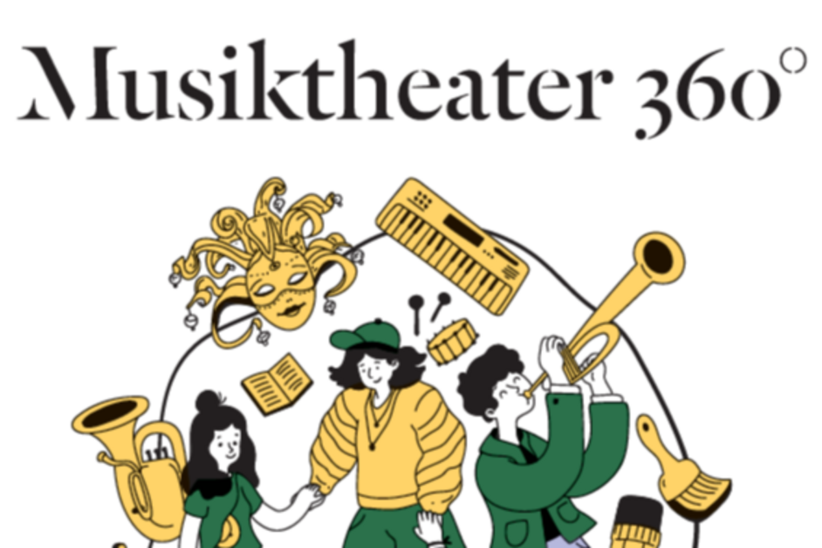 Zeichnung mit drei jugendlichen Figuren, Instrumenten und Theatermaske