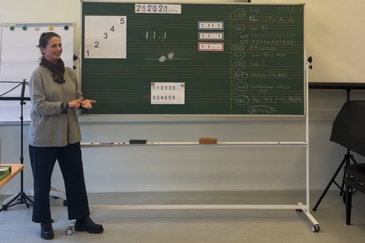 Referentin steht vor einer beschriebenen Schiefertafel