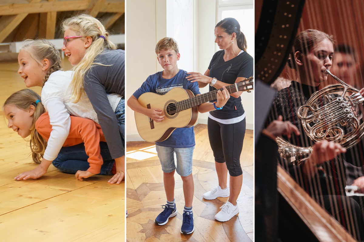 Dreiteilige Bildcollage: Drei spielende Kinder (links), zwei Gitarre spielende Kinder (Mitte), Hornistin hinter Harfe (rechts)